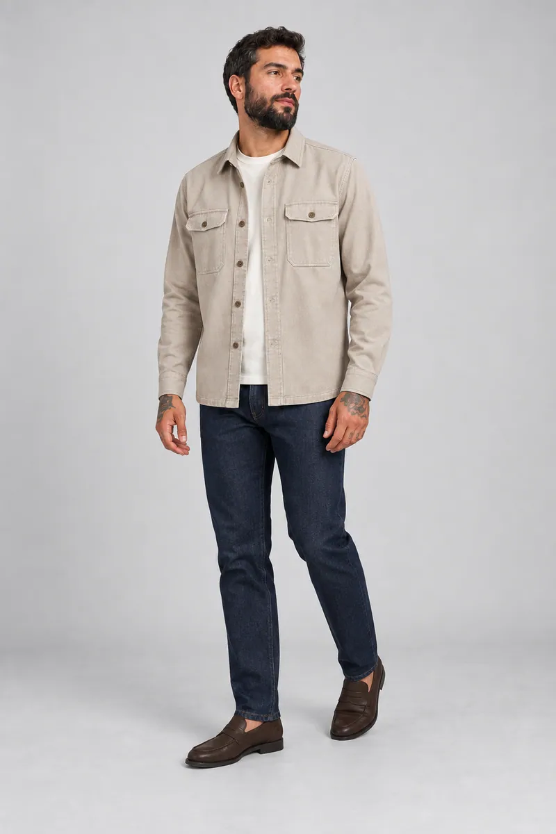 3003 Çift Cepli Hafif Overshirt, Taş — Ön (Açık ön · karşı ağırlık)