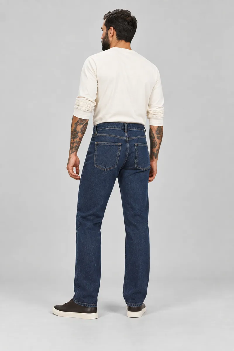 6004 Beş Cepli Düz Paça Denim, İndigo — Arka (Arka pivot · tam paça)