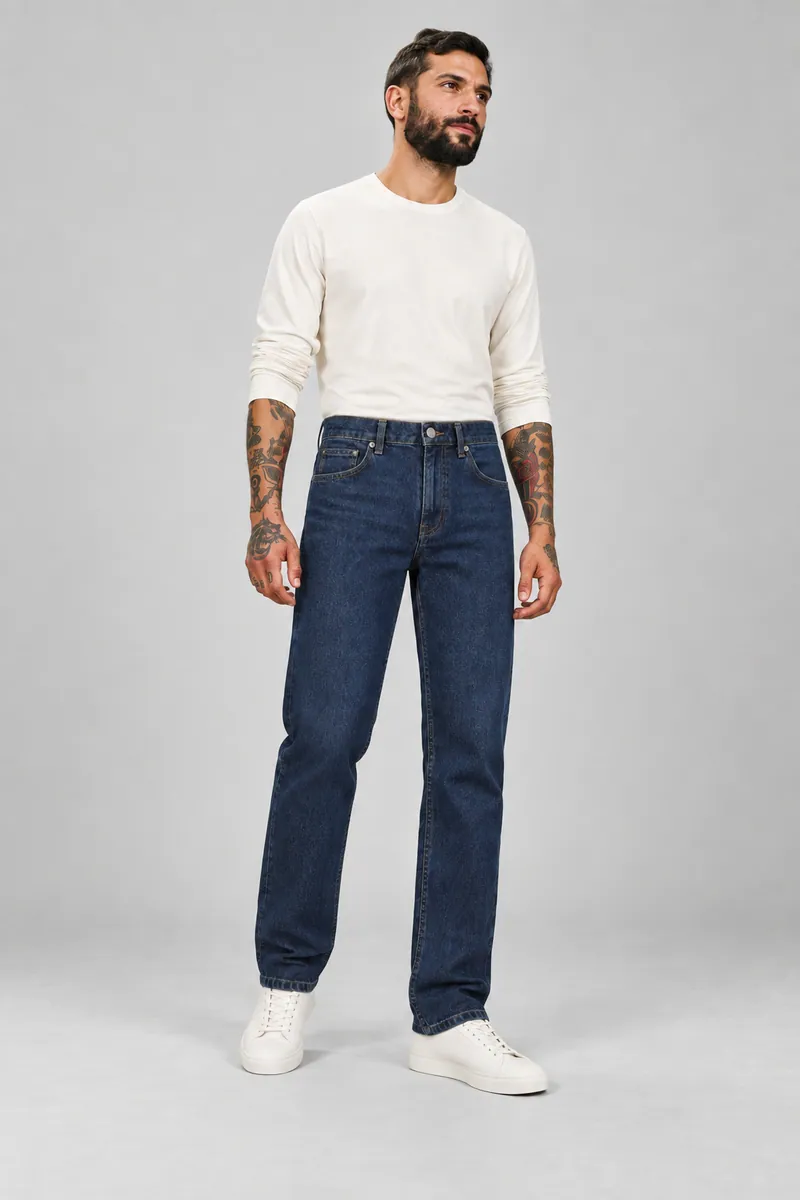 6004 Beş Cepli Düz Paça Denim, İndigo — Ön (Açık ön · denim tam boy)