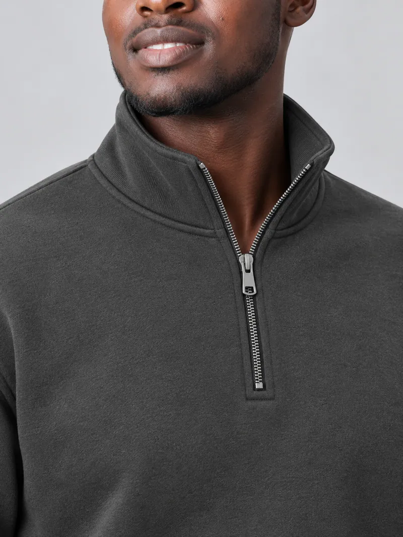 1003 Yarım Fermuarlı Dik Yaka Sweatshirt, Antrasit — Detay (Makro · yaka ve yarım fermuar)