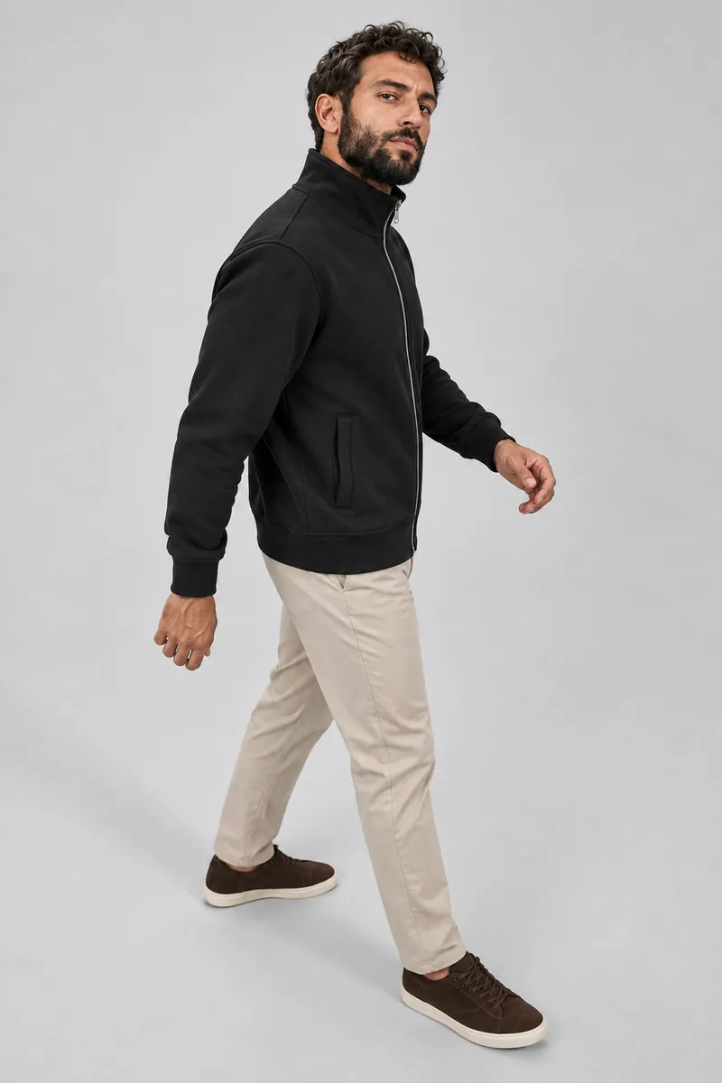 1004 Tam Fermuarlı Dik Yaka Sweatshirt, Siyah — Alternatif açı (Yan dönüş · hızlı)