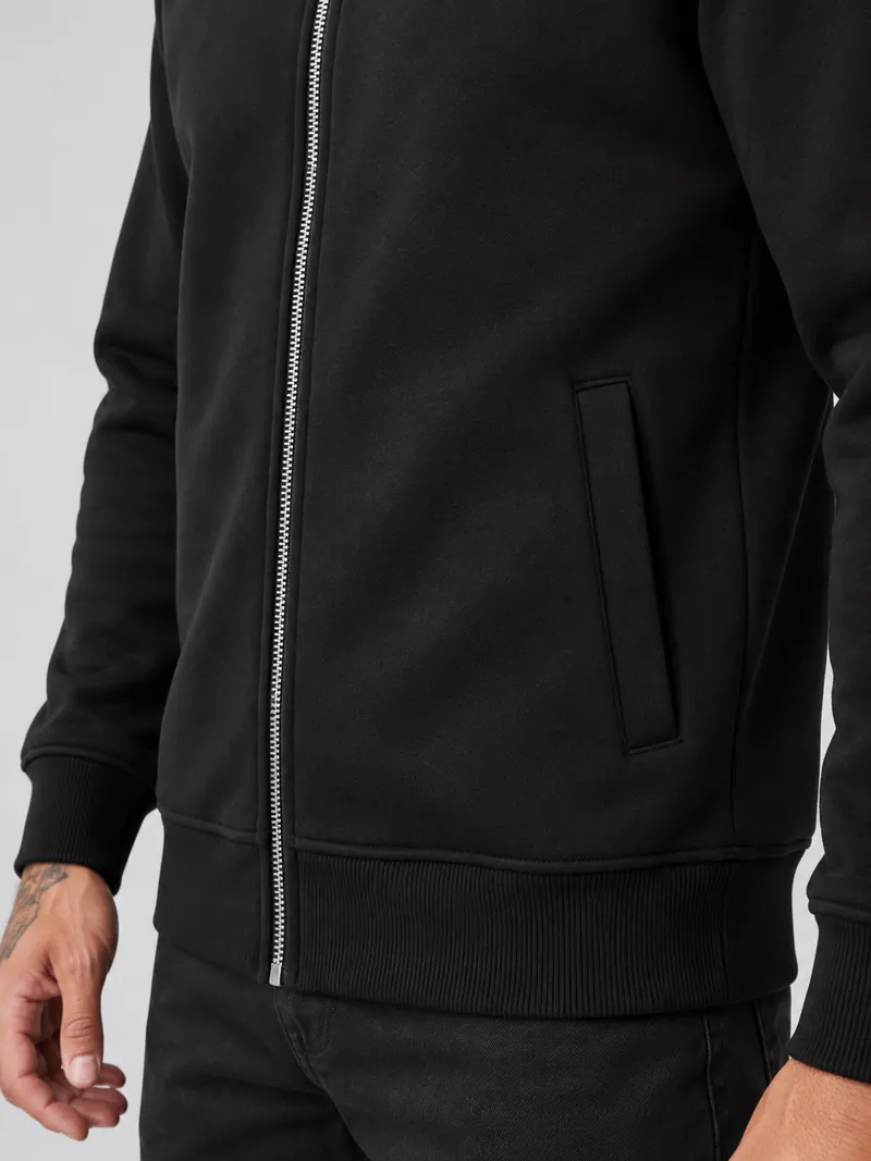 1004 Tam Fermuarlı Dik Yaka Sweatshirt, Siyah — Detay (Makro · tam fermuar ve yan cep)